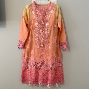 Elegant Pink and Orange Embroidered Salwar, luxury lawn set.